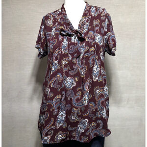 Lands End Classic Short Sleeve Tie Front Colorful Paisley Blouse Career Size 2